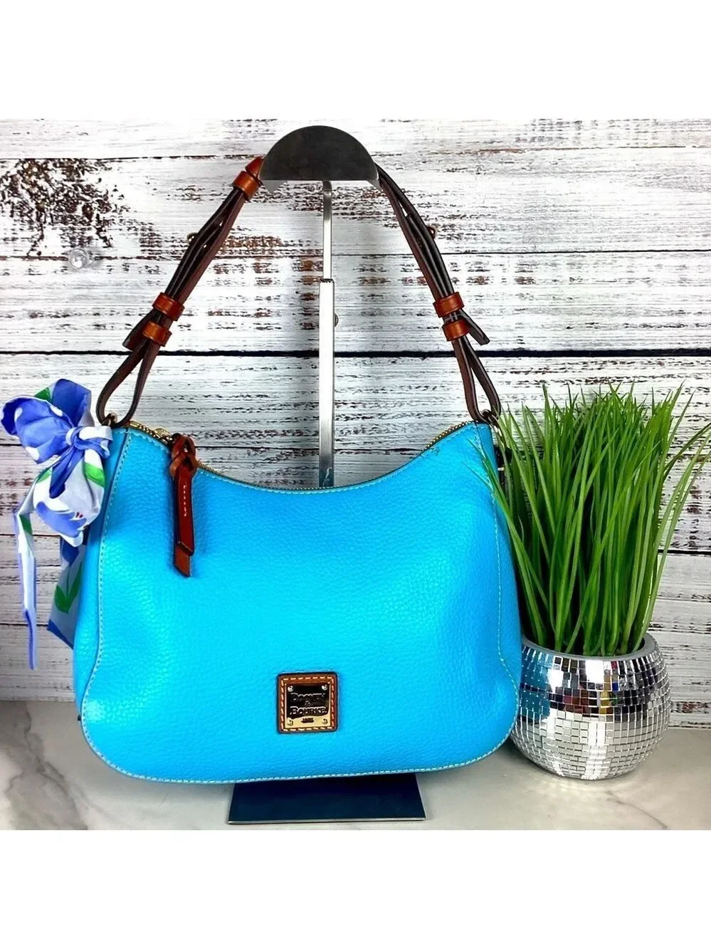 Dooney & Bourke Kiley Aqua Blue Brown Hobo Shoulder Bag Pebble leather Purse guc